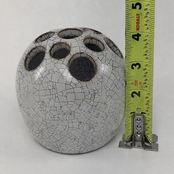 Signed Studio Pottery Crackle Glaze Flower Frog Gray Spherical Ikebana - Picture 4 of 5